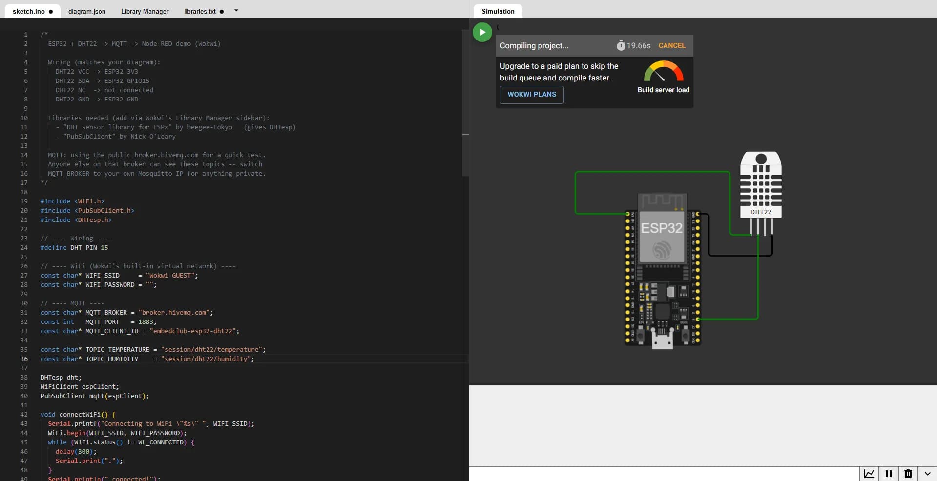 Compiling. A build that sits here for a minute is normal, and the upgrade prompt can be ignored.