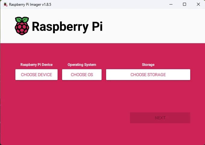 Raspberry Pi Imager - Choose Device, OS, and Storage