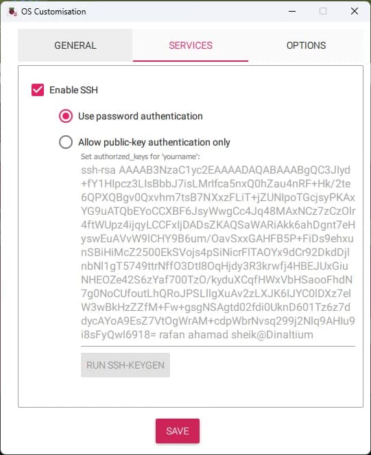 Enabling SSH on the Services tab