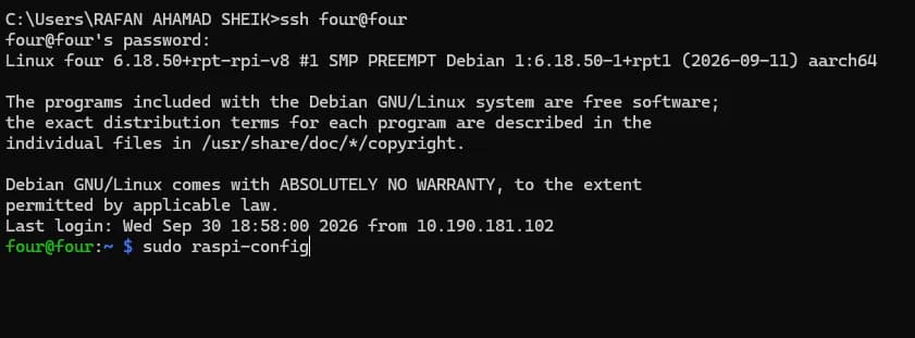 Logged into the Raspberry Pi shell over SSH