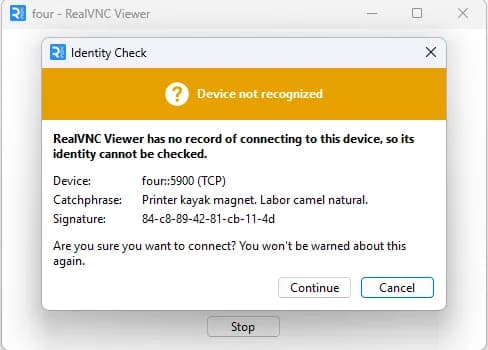 RealVNC credentials login prompt