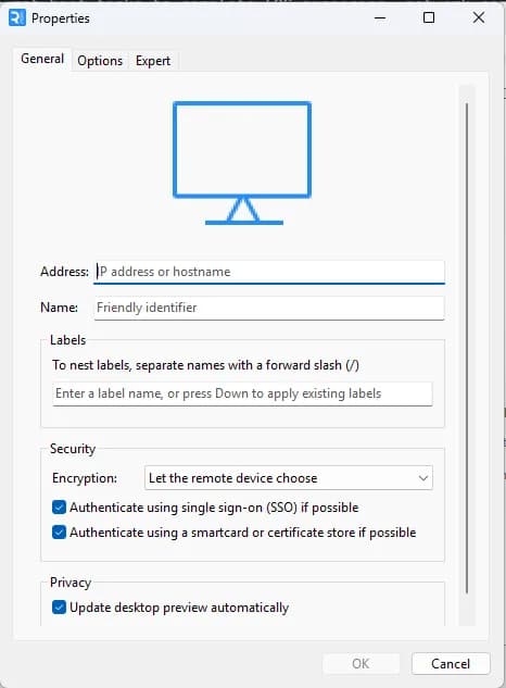 Creating a new connection in RealVNC Viewer