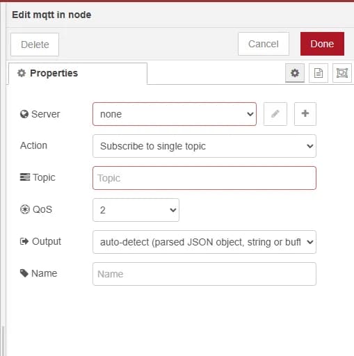 The red outline on Topic is the node telling you it needs a value.