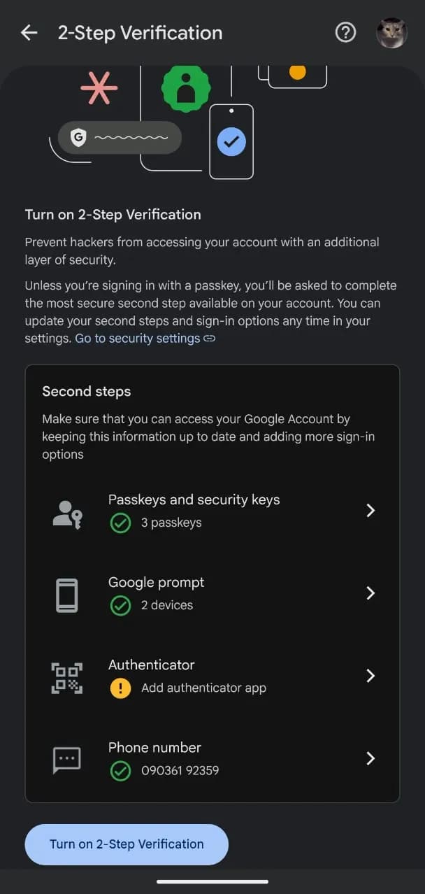 Step 3: Turning on 2-Step Verification if inactive