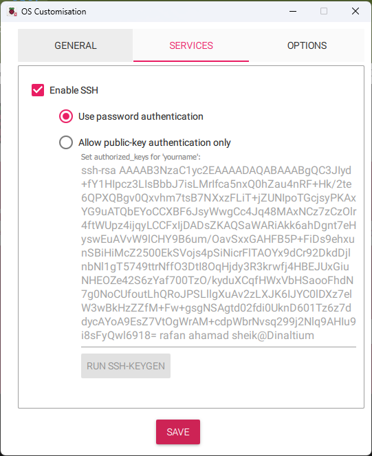 Services tab - SSH settings