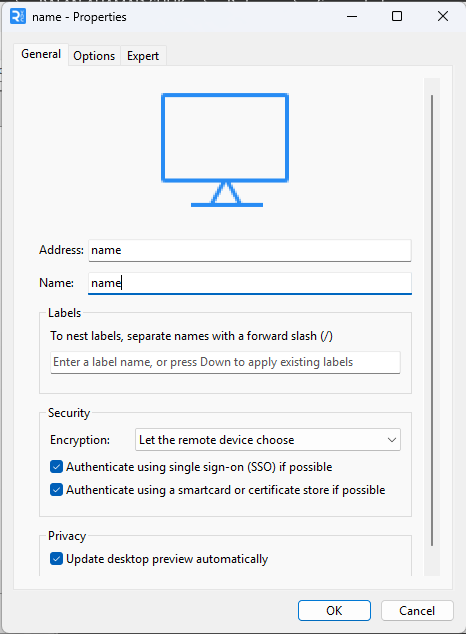 VNC Properties Dialog