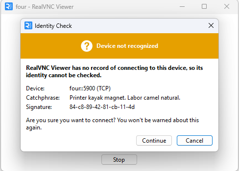 VNC Identity Check dialog